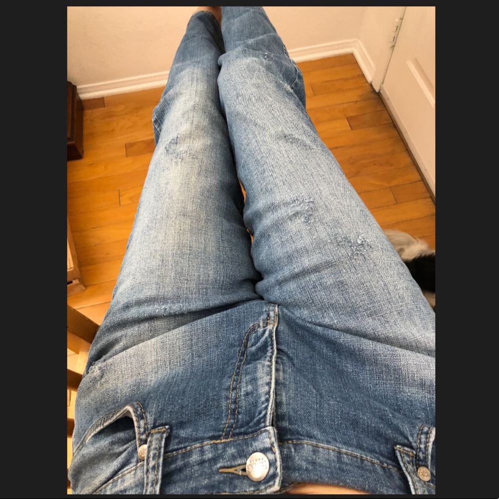 BCBG lightly distressed jeans. Bootcut. Low rise.